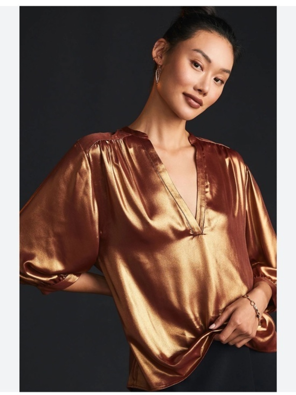 Like New Anthropologie Metallic Copper Foil V-Neck Blouse